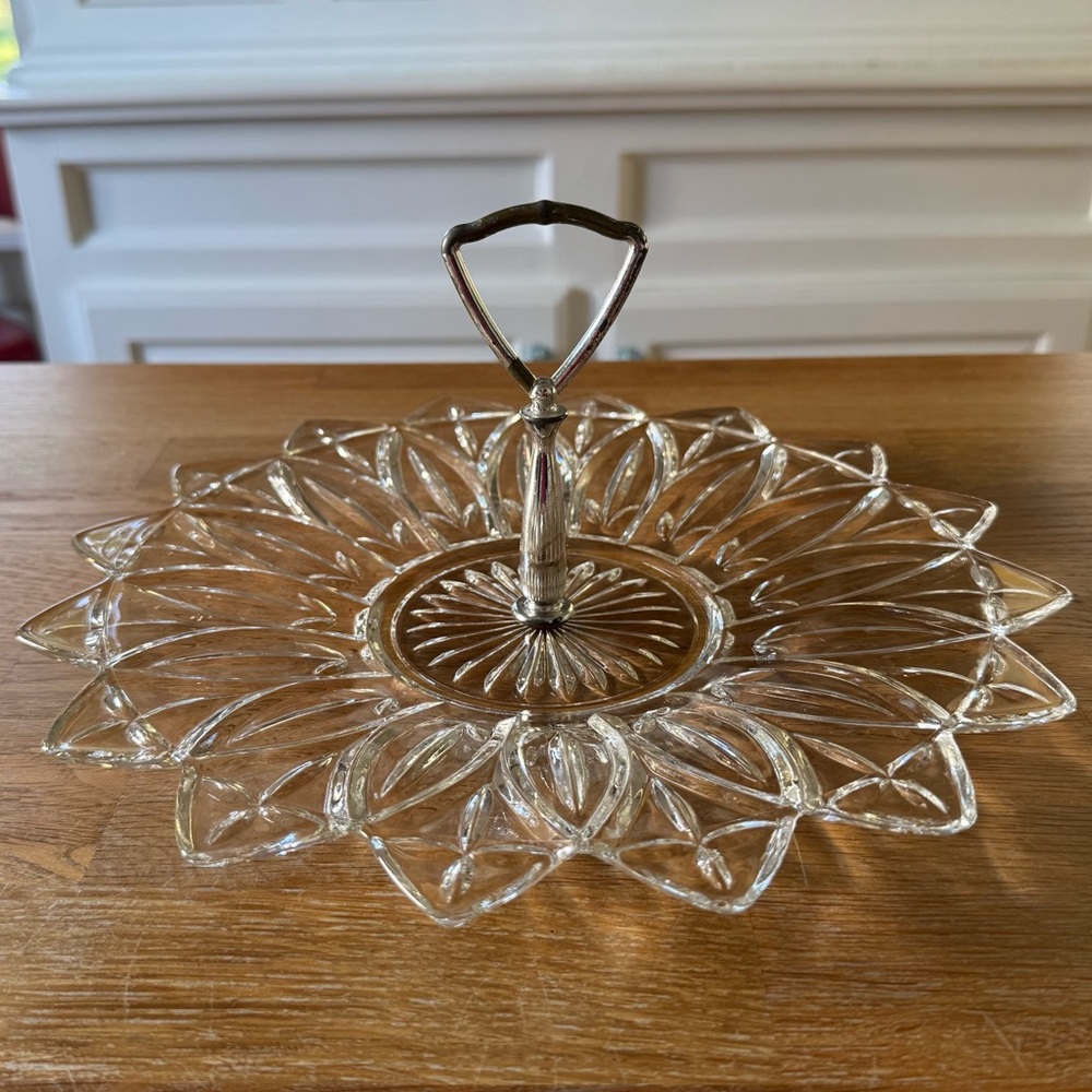 Vintage Federal Glass Petal Pattern Tidbit Tray with Chrome Handle